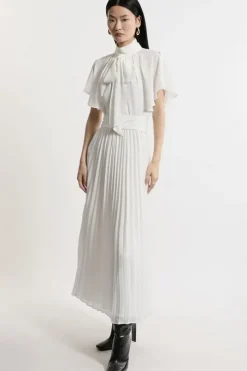 Pussy Bow Tie Georgette Belted Woven Midi Dress