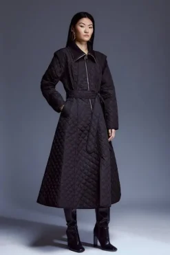 Quilted Full Skirted Belted Midi Coat