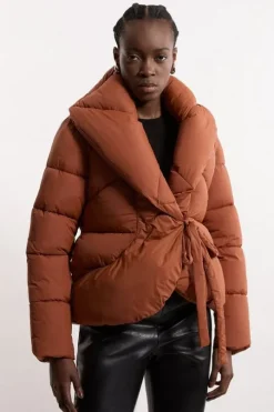 Quilted Padded Wrap Tie Oversize Collar Coat