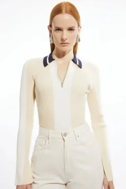 Rib Knit Polo Zip Up Top