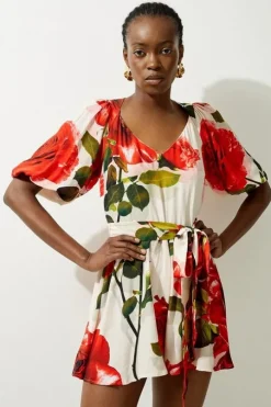 Rose Printed Morocain Woven Balloon Sleeve Romper