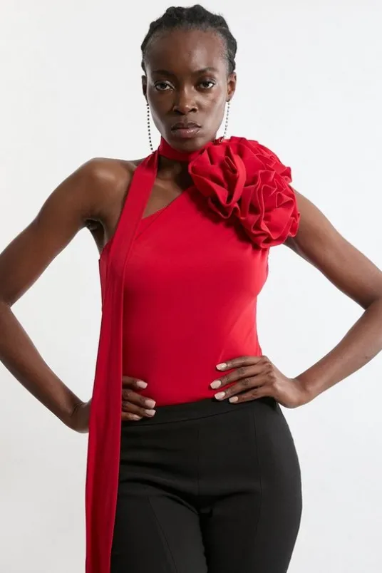 Rosette Neck Detailed Drapey Jersey Bodysuit