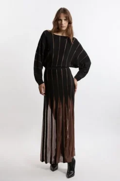 Rounded Sleeve Sheer Skirt Maxi Knit Dress