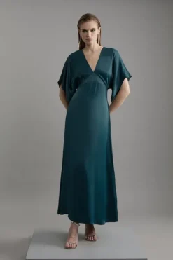 Satin Angel Sleeve Woven Maxi Dress