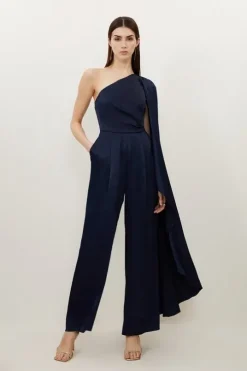 Satin Back Crepe Drape One Shoulder Wide Leg Jumpsuit