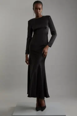 Satin Back Crepe Long Sleeved Column Woven Midaxi Dress