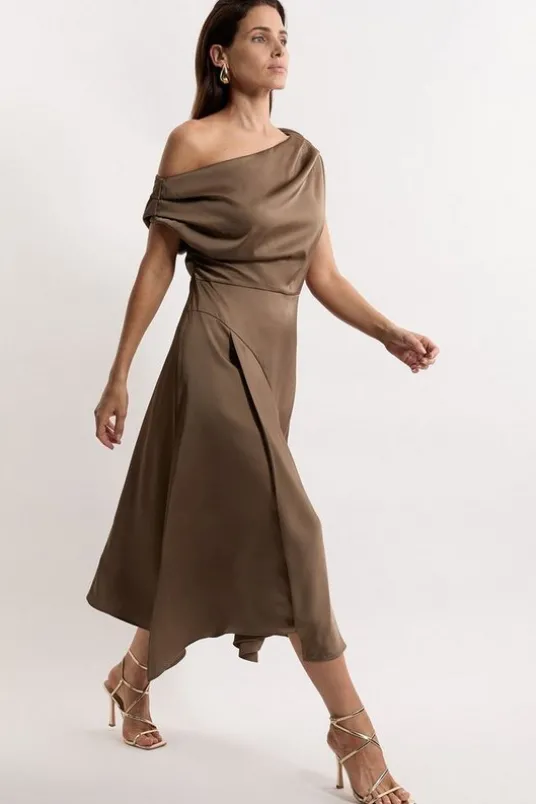 Satin Off The Shoulder Asymmetric Hem Woven Midi Dress