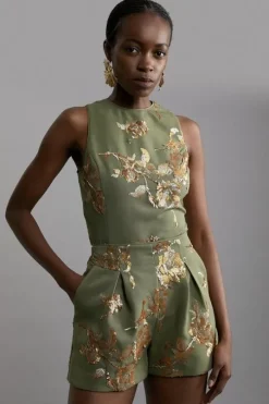 Satin Sequin And Embroidery Woven Shorts