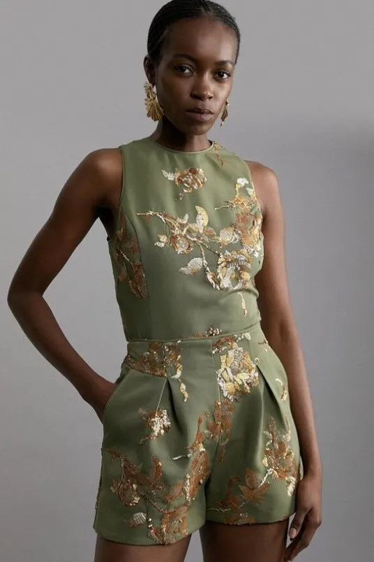 Satin Sequin And Embroidery Woven Shorts