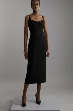 Scuba Crepe And Power Mesh Corset Detail Midi Dress