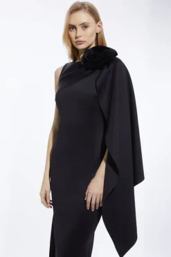 Scuba Crepe Dramatic Rosette Woven Cape Midi Dress