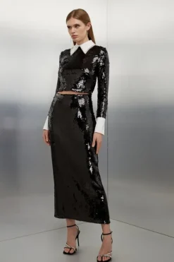 Sequin Front Split Woven Midi Skirt