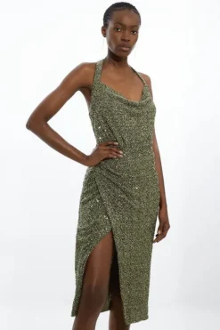 Sequin Halter Cowl Neck Midi Dress