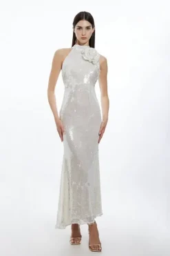 Sequin Rosette Halter Woven Maxi Dress