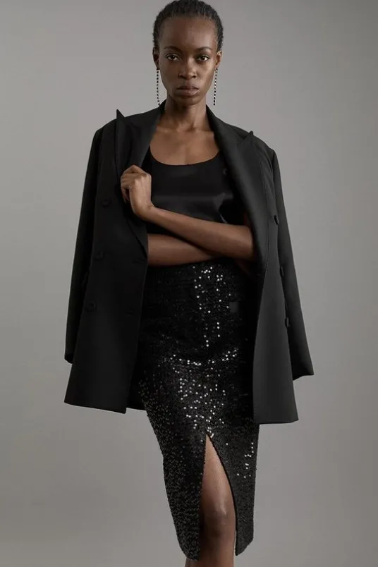 Sequin Tweed Tailored Midi Skirt