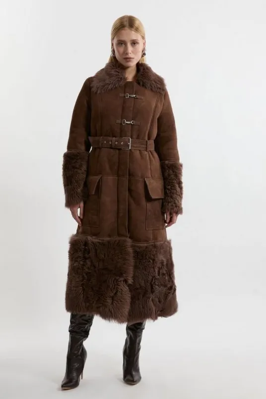 Shearling And Suede Mix Trim Detail Coat