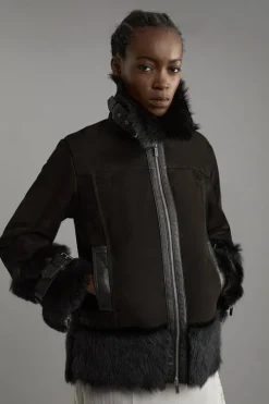 Shearling Buckle Detail Zip Through Coat