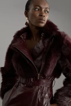 Shearling Mix Panelled High Shine Leather Belted Trench Coat