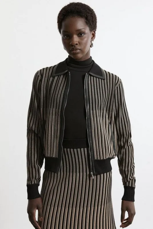 Shrunken Jacquard Knit JacketPu With Collar