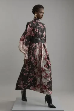 Silk Cotton Border Print Floral Woven Maxi Dress