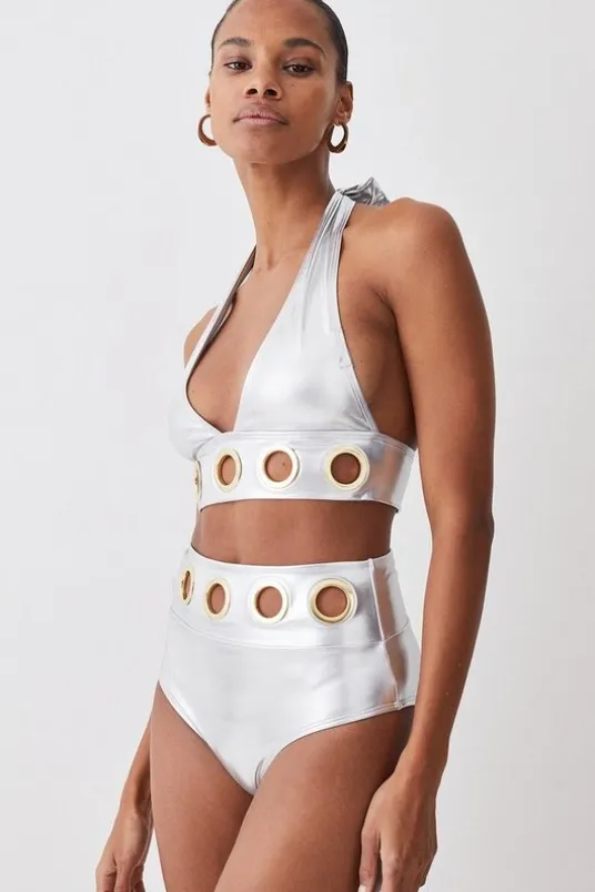 Silver Lame Eyelet Detail Bikini Set