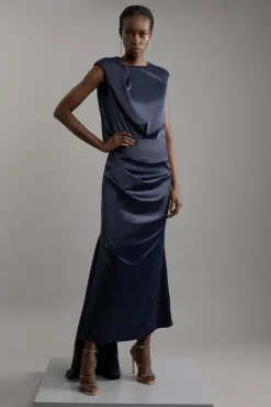 Sleeveless Satin Drape Woven Midaxi Dress