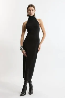 Sleeveless Viscose Blend Turtleneck Knit Midaxi Dress