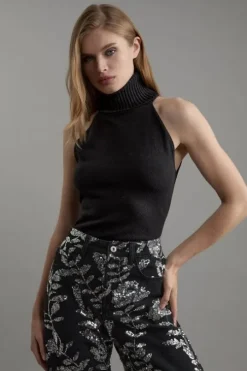 Sleeveless Viscose Blend Turtleneck Knit Sweater