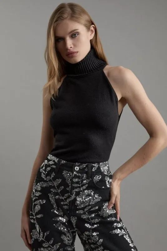 Sleeveless Viscose Blend Turtleneck Knit Sweater