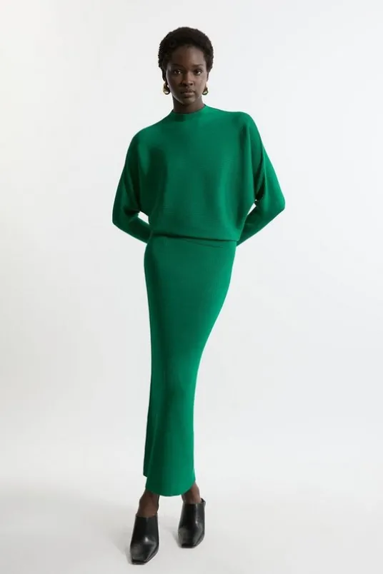 Slinky Drape Knit Bat Wing Pencil Midi Dress