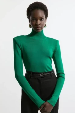 Slinky Drape Knit Power Shoulder Funnel Neck Top