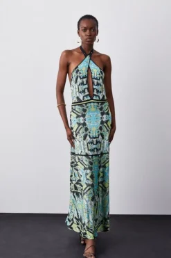 Slinky Knit Contrast Piping Halter Neck Maxi Dress