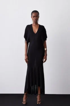 Slinky Knit Kimono Sleeve V Neck High Low Midaxi Dress