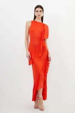 Slinky Knit Woven Mix Ruffle Midaxi Dress