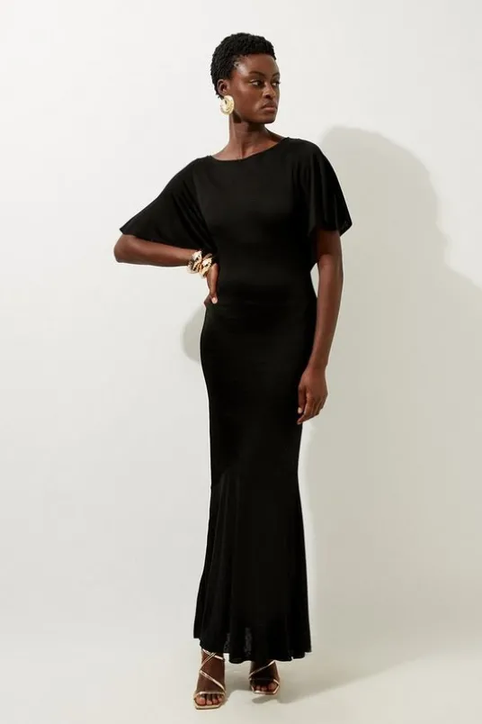 Slinky Viscose Knit Flutter Sleeve Maxi Dress