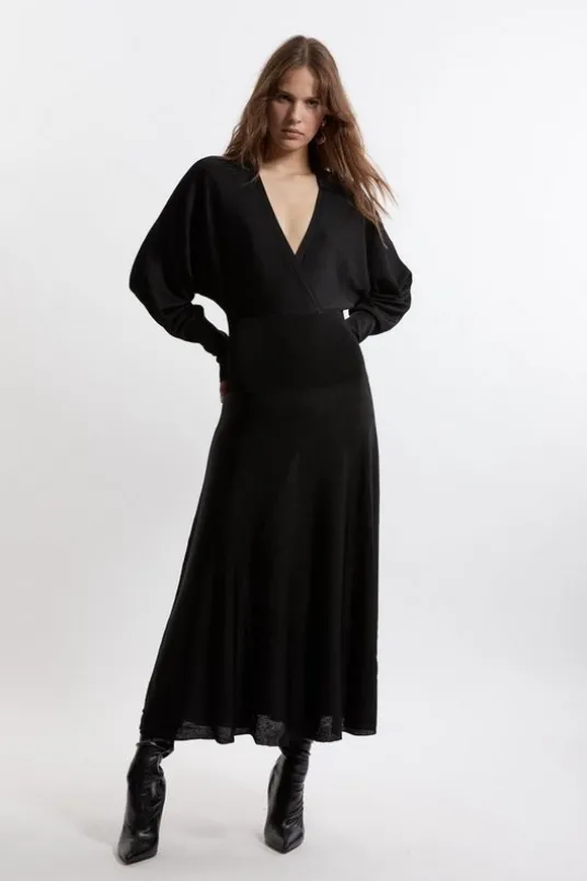 Slinky Viscose Wrap Collared Knit Midaxi Dress