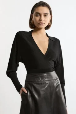 Slinky Viscose Wrap Collared Knit Top