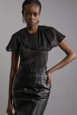 Slub Organdie Drape Shoulder Woven Top