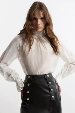 Slub Organdie Frill Detail Collar And Cuff Woven Blouse