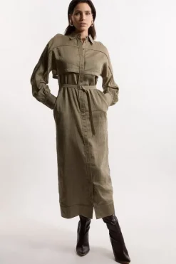 Slub Organdie Woven Utility Midi Dress With Button Sleeve Detail