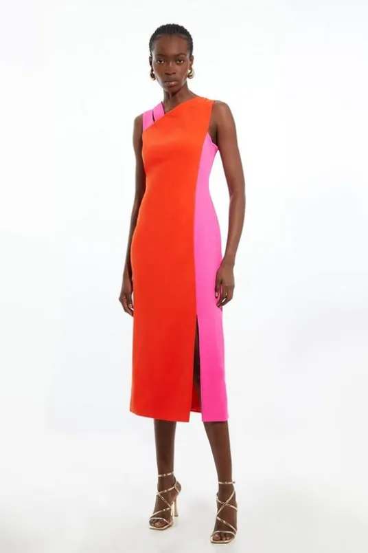 Soft Tailored Color Block Split Strap Midi Dress