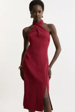 Soft Tailored Color Block Tailored Halter Neck Midi Dress