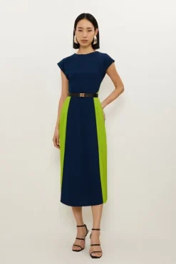 Soft Tailored Contrast Pleated Panel Skirt Midi Dress