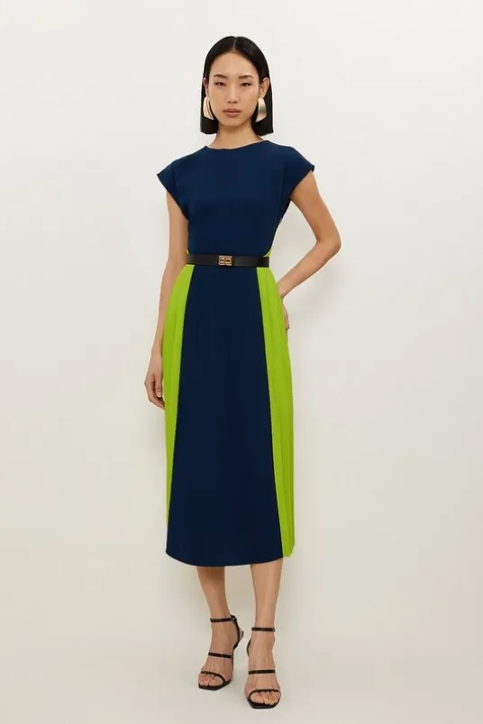 Soft Tailored Contrast Pleated Panel Skirt Midi Dress