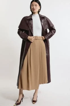 Soft Tailored Crepe Belted Pleated Midi Skirt