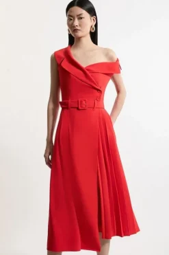 Soft Tailored Crepe One Shoulder Belted Pleated Midi Dress