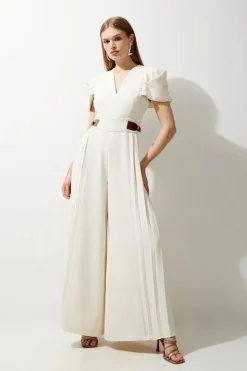 Soft Tailored Crepe Tab Detail Pleated Jumpsuit