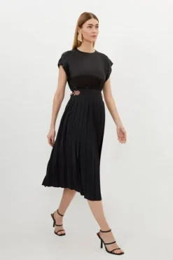 Soft Tailored Crepe Tab Detail Pleated Midi Skirt