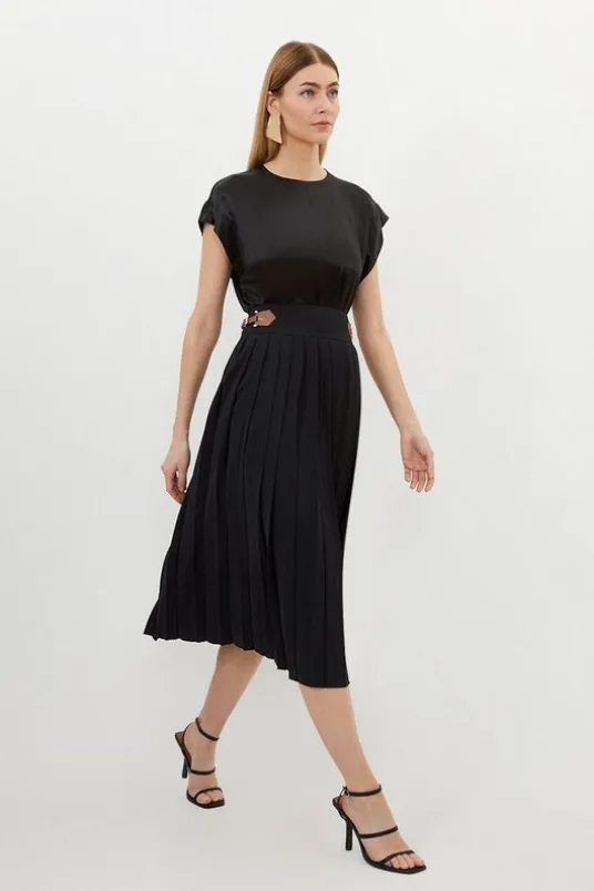 Soft Tailored Crepe Tab Detail Pleated Midi Skirt