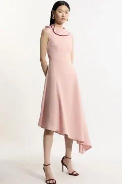 Soft Tailored Tipped Fluid Asymmetric Hem Midi Dress